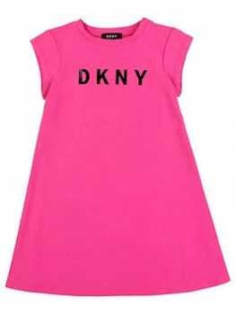 Image of DKNY Girls Short Sleeve Logo Jersey Swing Dress - Bright Pink, Bright Pink, Size 16 Years, Women