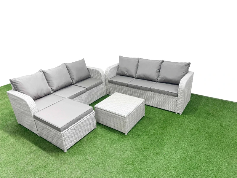 Image of Fimous Outdoor Garden Furniture Sets 7 Seater Wicker Rattan Furniture Sofa Sets with Square Coffee Table high Back Lounge Sofa Big Footstool Light Gre