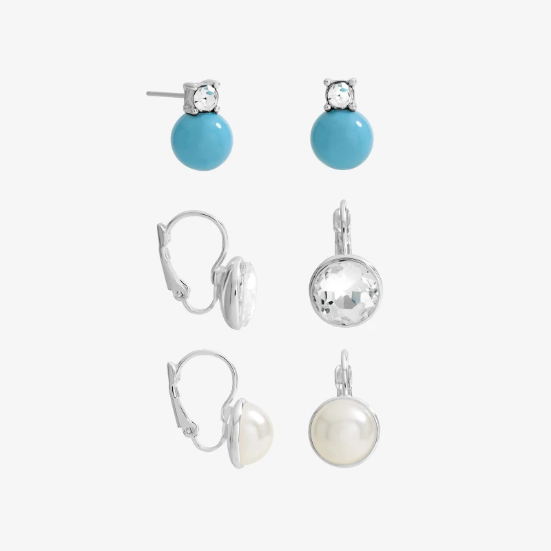 Image of Mood Silver Crystal and Pearl Charm Hoops - Pack of 3 Silver female One Size