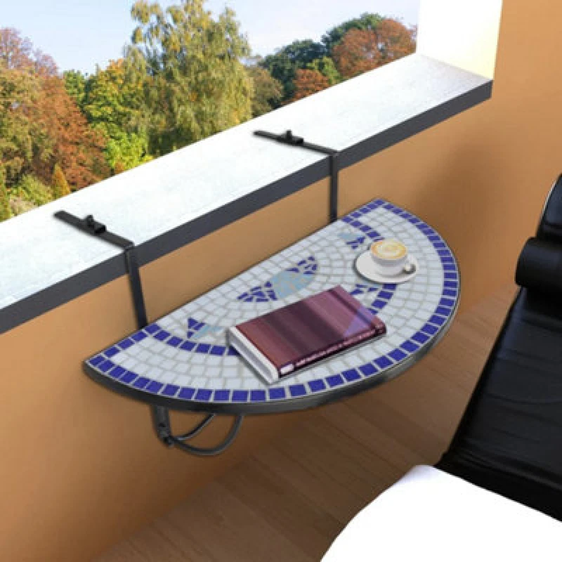 Image of Vidaxl Hanging Balcony Table Blue And White Mosaic