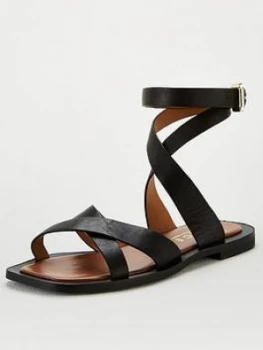 Image of OFFICE Siren Ankle Strap Flat Sandal - Black Leather, Size 5, Women