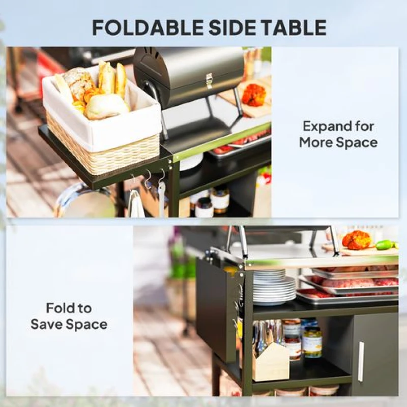 Image of Outsunny Stainless Steel Outdoor BBQ Trolley with Folding Side table, Black Black