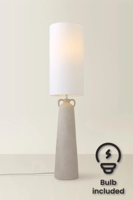 Image of ValueLights Grayson Natural Ceramic Urn Style Midi Floor Lamp with LED Bulb Cream