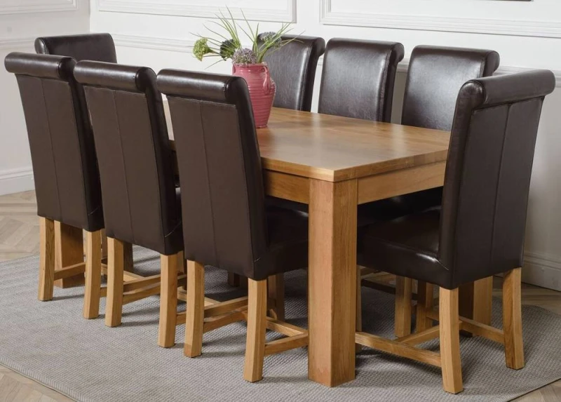 Image of Thats Furniture Dakot 182 x 92cm Oak Large Dining Table & 8 Washington Leather Chairs in Brown Size: 182 x 92cm Brown Unisex 182 x 92 cm
