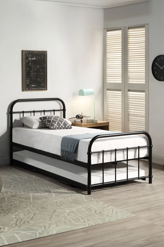 Image of SlumberWorx Tewin Vintage Hospital Style Single Metal Bed Frame w Guest Trundle Black