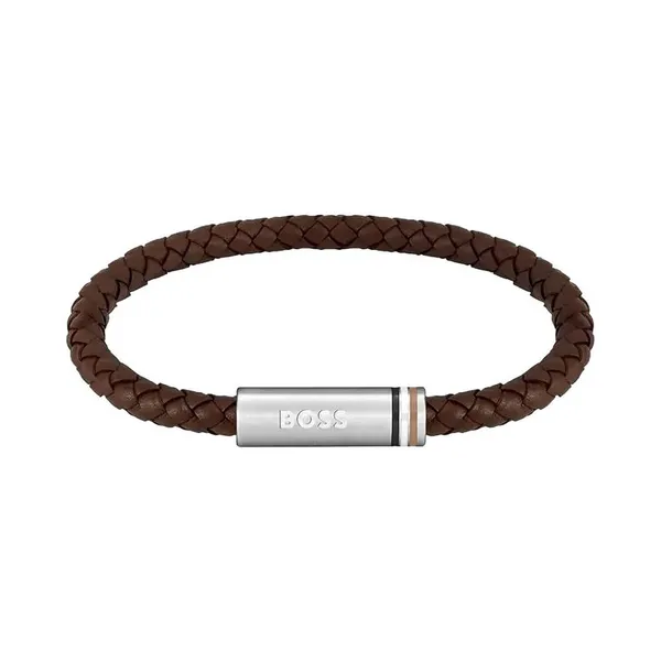Image of BOSS 1580623 Mens Ares Braided Brown Leather Jewellery