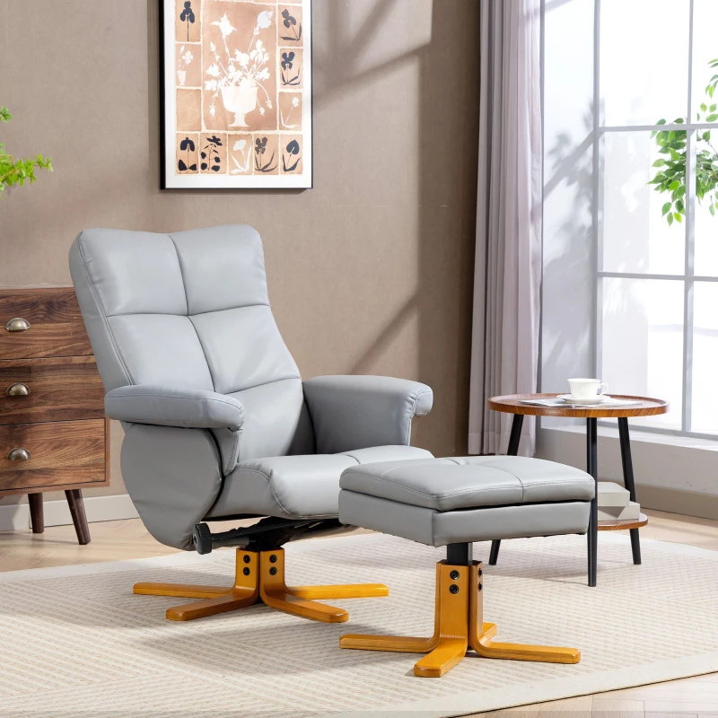 Image of HOMCOM HOMCOM Recliner Chair and Footstool PU Leather Wooden Base, Light Grey Light Grey One Size Unisex 5063603065499