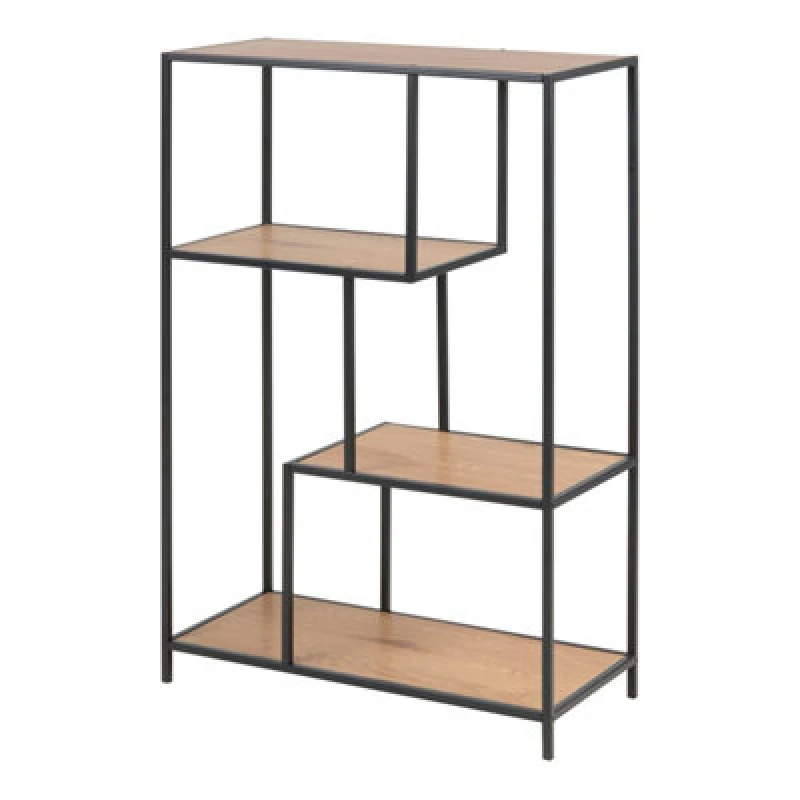 Image of Furniture To Go Seaford Black Metal Asymmetrical Bookcase with 3 Oak Shelves Black