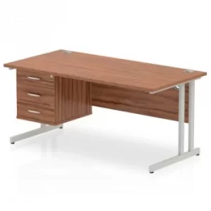 Image of Impulse 1600 Rectangle Silver Cant Leg Desk WALNUT 1 x 3 Drawer Fixed Ped