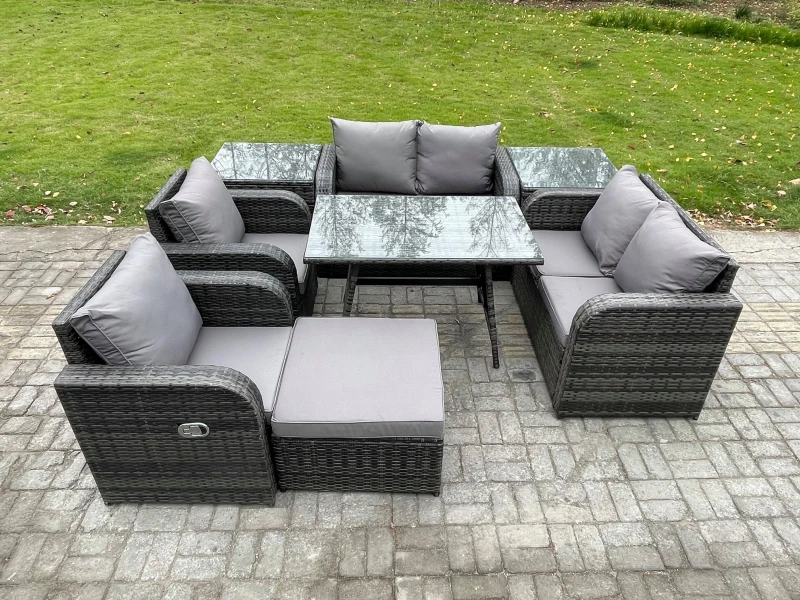 Image of Fimous Wicker PE Rattan Garden Dining Set Outdoor Furniture Sofa with Rectangular Dining Table 2 Side Tables Big Footstool Dark Grey