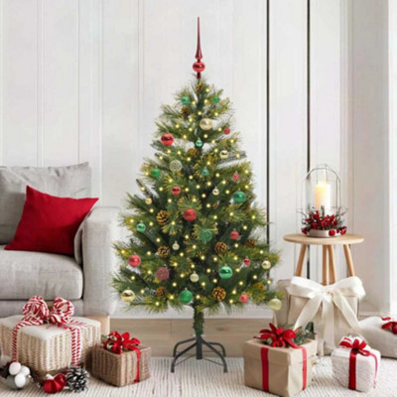 Image of vidaXL Artificial Hinged Christmas Tree with Cones, Multicolour Balls Green 150 cm, Green 3395088