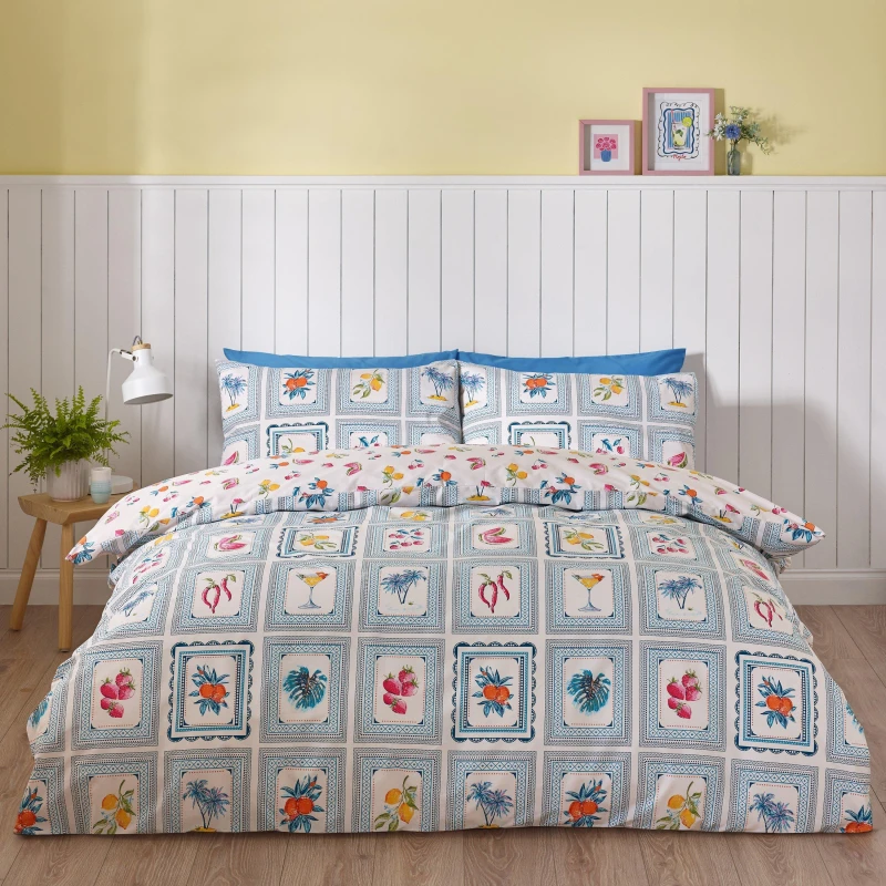 Image of Catherine Lansfield Riviera Tiles Reversible Duvet Cover Bedding Set Blue