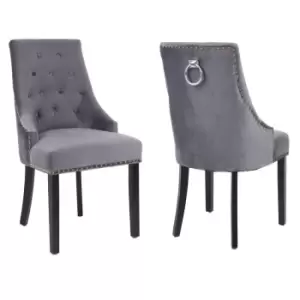 Image of Neo 2x Dark Grey Studded Velvet Dining Chair with Ring Knocker Detail