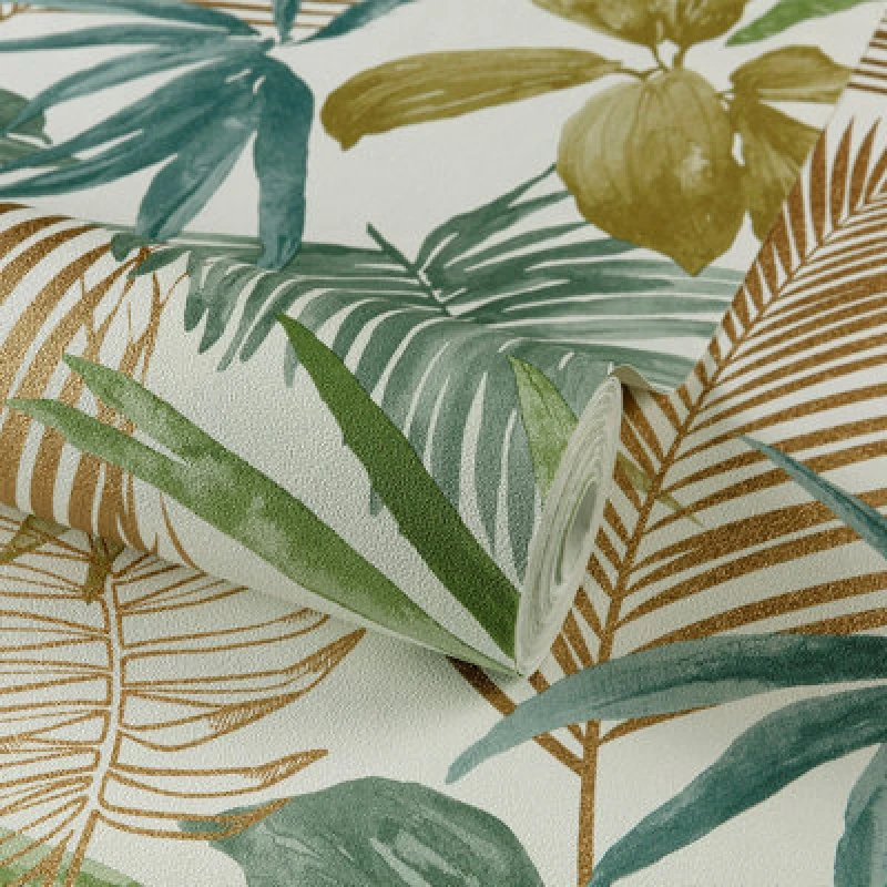 Image of Grandeco Wild Palm Green Teal & Copper Metallic Textured Wallpaper