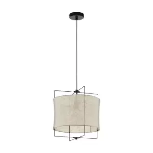 Image of Hanging Ceiling Pendant Light Black & Linen Shade 1x 40W E27 Feature Lamp