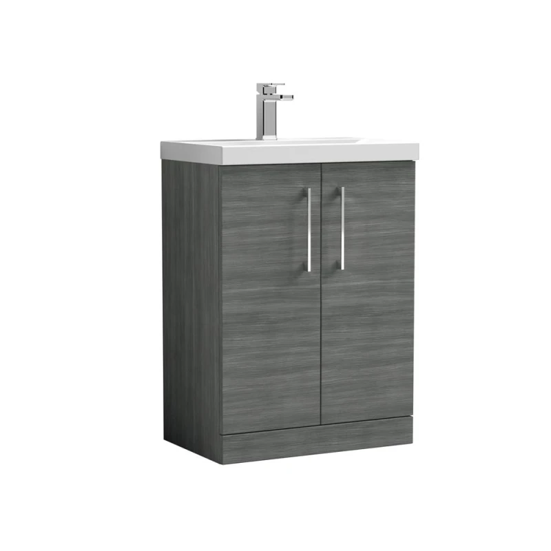 Image of Balterley Contemporary Bathroom Floor Standing 2 Soft-Close Door Vanity Unit & Mid-Edge Ceramic Basin, Anthracite Woodgrain, 600mm in Grey Grey Unisex