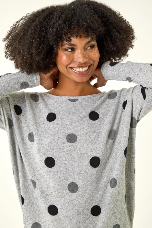 Image of Roman Polka Dot Blouson Long Sleeve Jersey Tunic Top Grey female