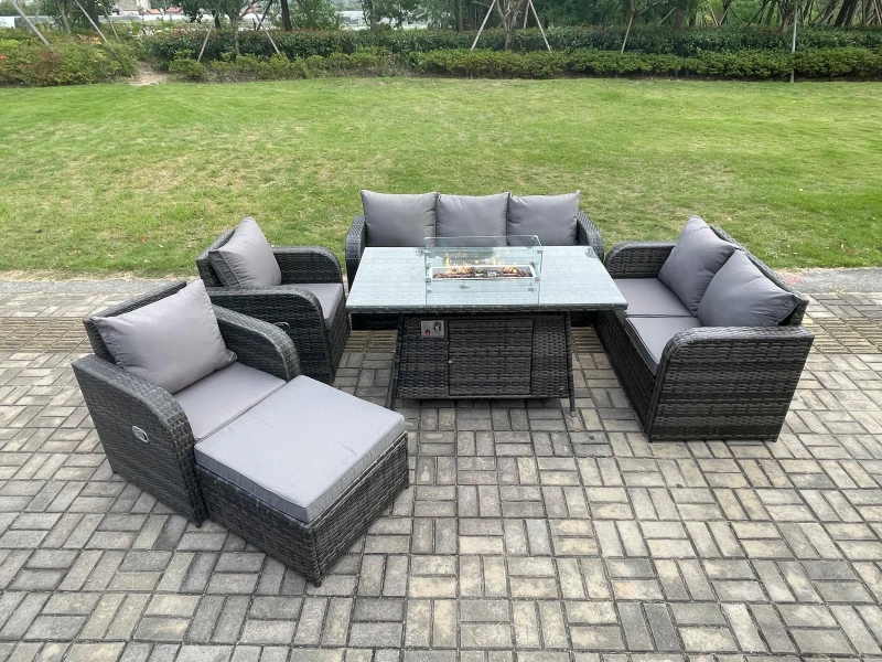 Image of Fimous PE Wicker Outdoor Rattan Garden Furniture Set Propane Gas Fire Pit Table and Sofa Chair set with Big Footstool Dark Grey