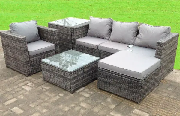 Image of Fimous 4 Seater Outdoor Dark Mixed Grey Rattan Lounge Complete Sofa Set with Side Table and Big Footstool