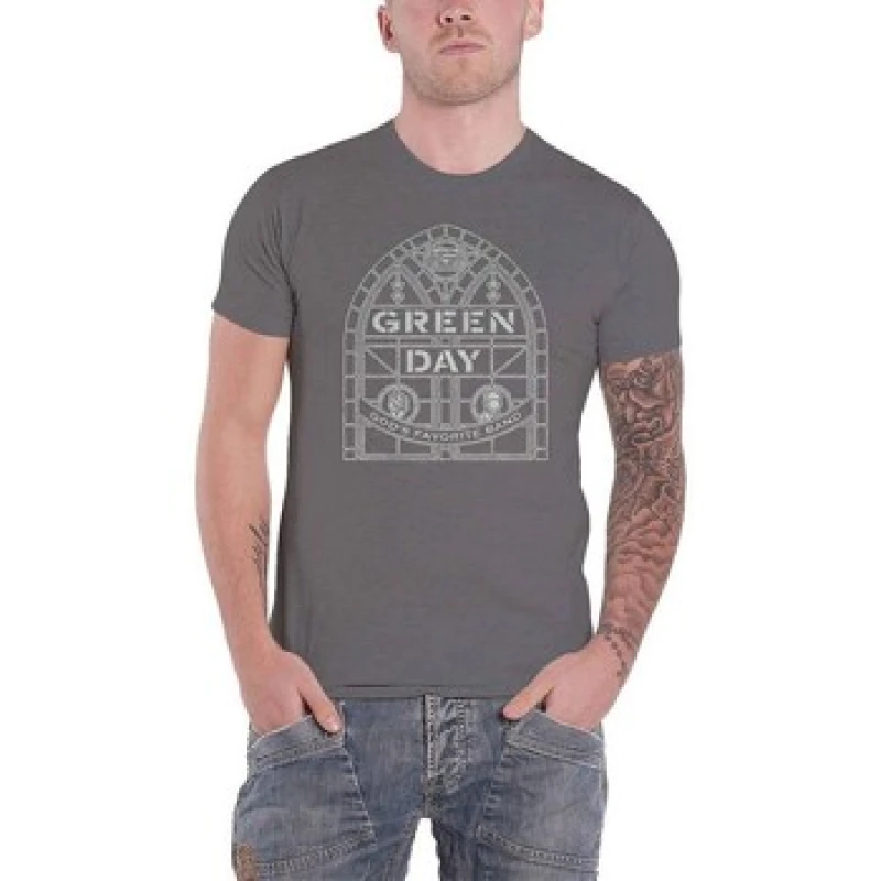Image of green day Green Day Men Stained Glass T-Shirt in Charcoal Size: X-Large Charcoal XL Male 5063238336292