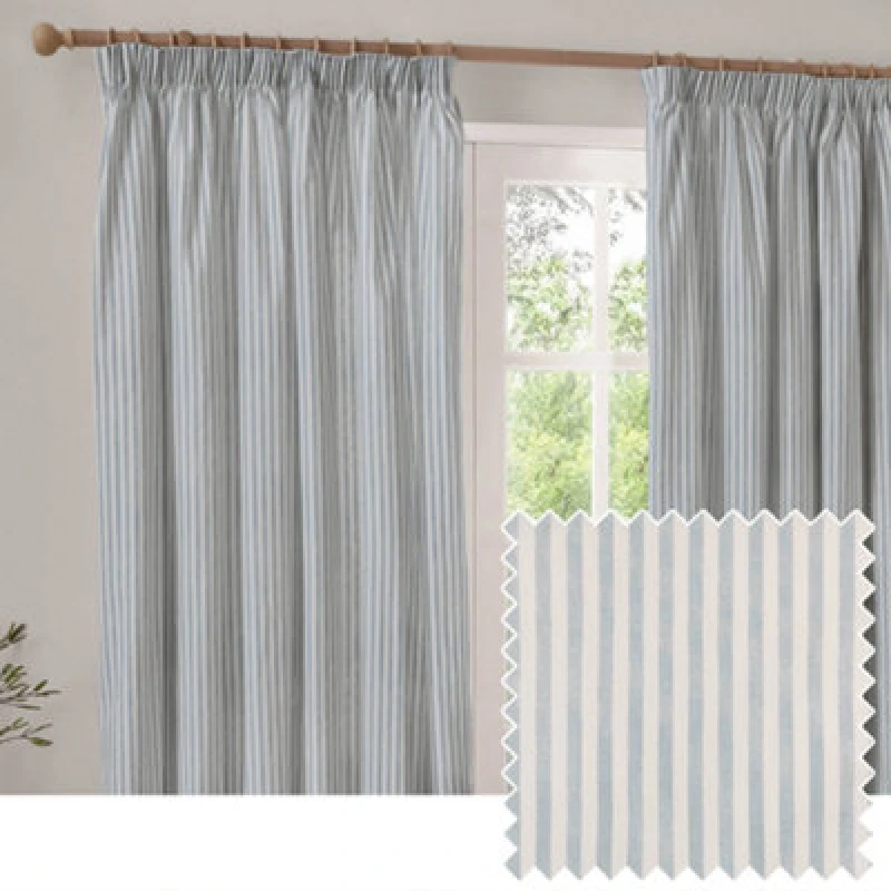 Image of Yard Hebden Striped Cotton Pencil Pleat Curtains, Mineral Blue, (W) 168 X (D) 229Cm