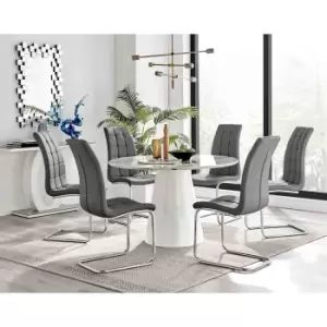 Image of Furniture Box Palma White Marble Effect Round Dining Table and 6 Grey Murano Chairs