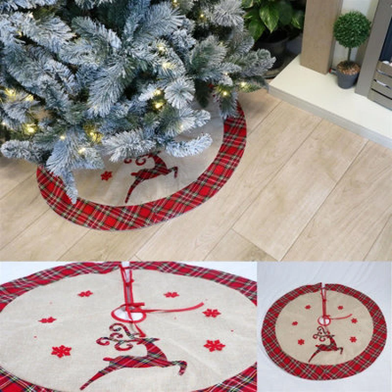 Image of Shatchi Christmas Tree Skirt Snowflakes Printed Pattern Burlap Hessian Linen Cover Floor Mat ,4pcs Brown