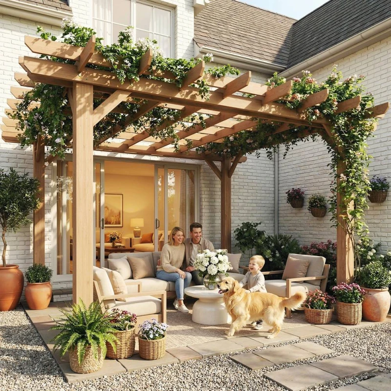 Image of OUTSUNNY 3.6 x 3.6m Graden Pergola Kit, Wooden Grape Trellis, Dark Brown Dark Brown Unisex