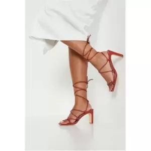 Image of I Saw It First Burnt Orange Lace Up Mid Heel Toe Post Sandals - Orange