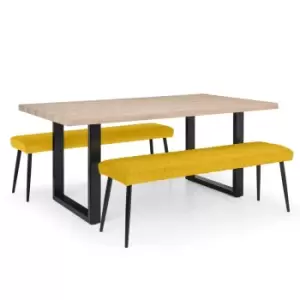 Image of Julian Bowen Set Of Berwick Dining Table & 2 Luxe Low Benches Mustard