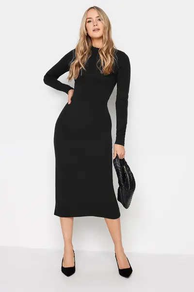 Image of Long Tall Sally Black Neck Long Sleeve Fitted Dress, Black, Size 12, Women