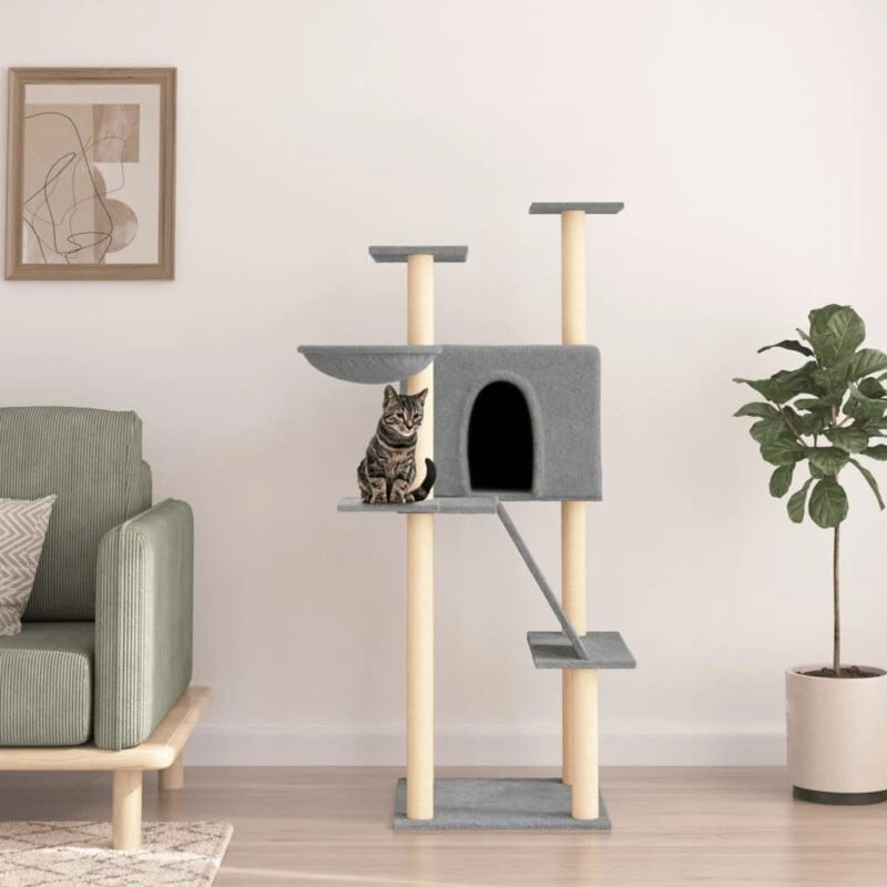 Image of vidaXL Cat Tree w/ Sisal Scratching Posts Light Grey 143cm, Grey 171730