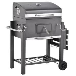 Image of Outsunny Charcoal Grill BBQ Trolley Backyard Garden Smoker Barbecue w/ Shelf Side Table Wheels Built-in Thermometer