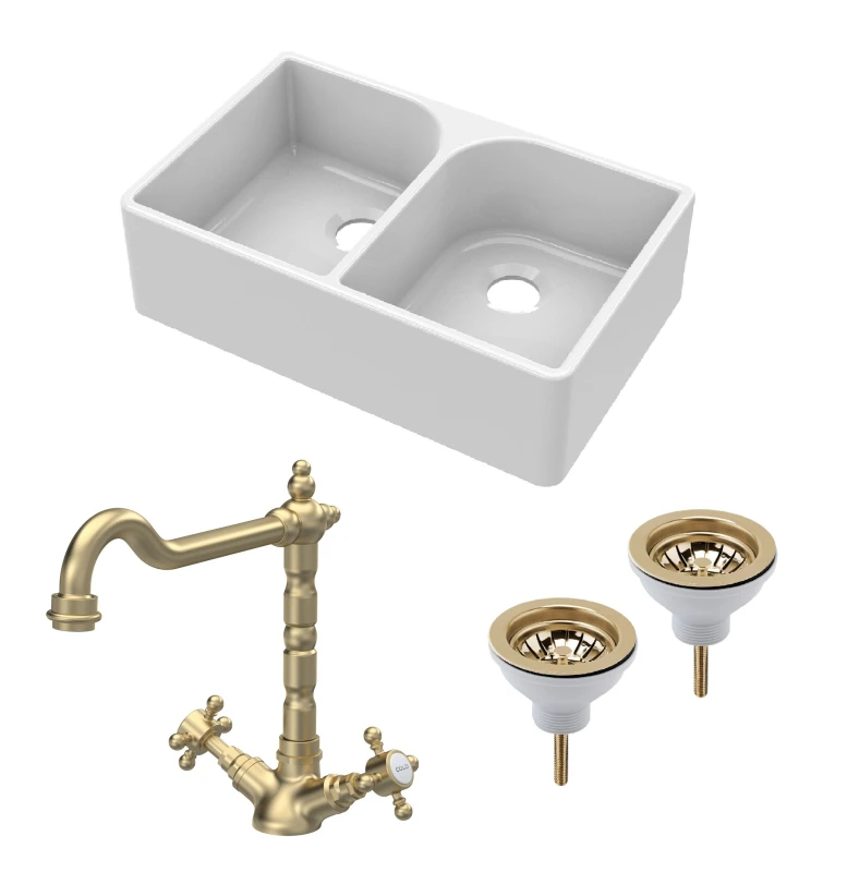 Image of BALTERLEY Balterley - Fireclay Kitchen Bundle - Double Bowl Full Weir Butler Sink No Overflow, Wastes & Classic Tap, 795mm - Brushed Brass BKS210WT13