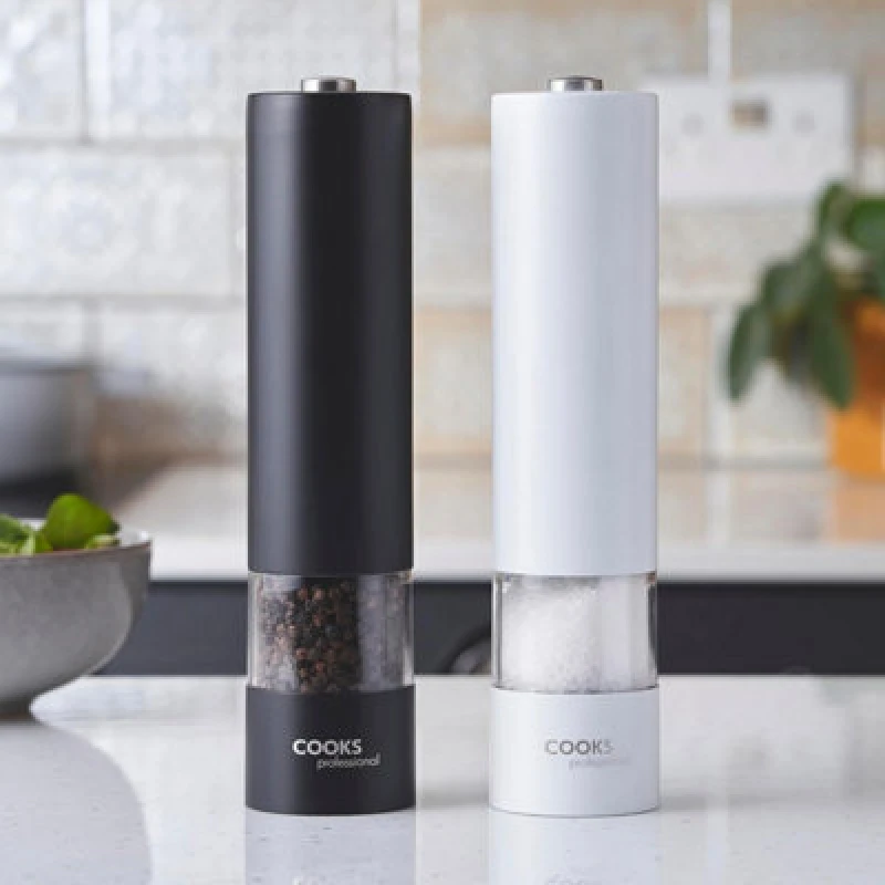 Image of Cooks Professional Electric Salt And Pepper Mill Set - Automatic Seasoning Condiment Grinders - Black & White