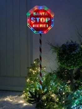 Image of Festive Indoor/Outdoor 110 Cm Santa Stop Here Sign With Multi Coloured Lights