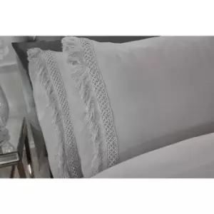 Image of Tia Trelis Silver Duvet Set, Lace, Fringe trimmed detail Single - Silver