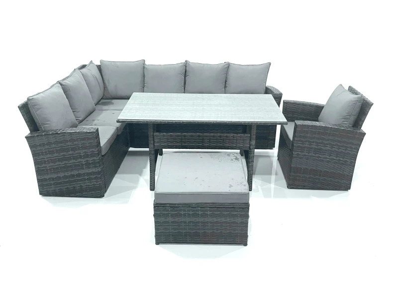 Image of Fimous 8 Seater Garden Rattan Furniture Corner Dining Set with Big Footstool Outdoor Lounge Sofa Set in Dark Grey Dark Grey Unisex