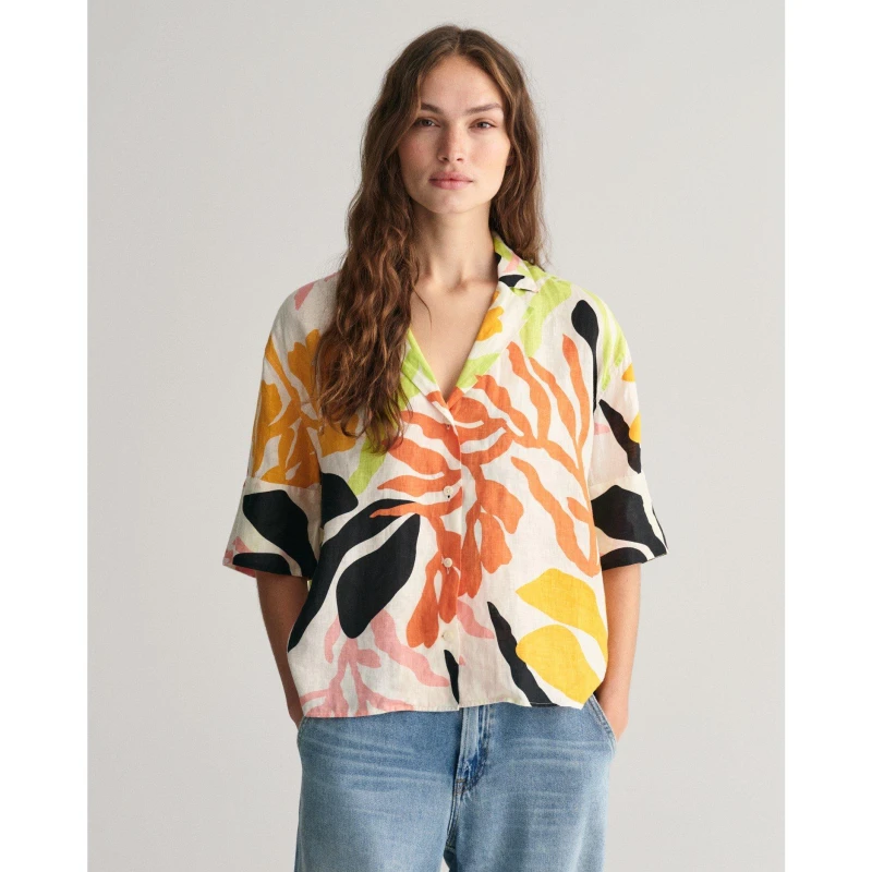 Image of Gant Relaxed Fit Palm Print Linen Short Sleeve Shirt - Multi Multi 8