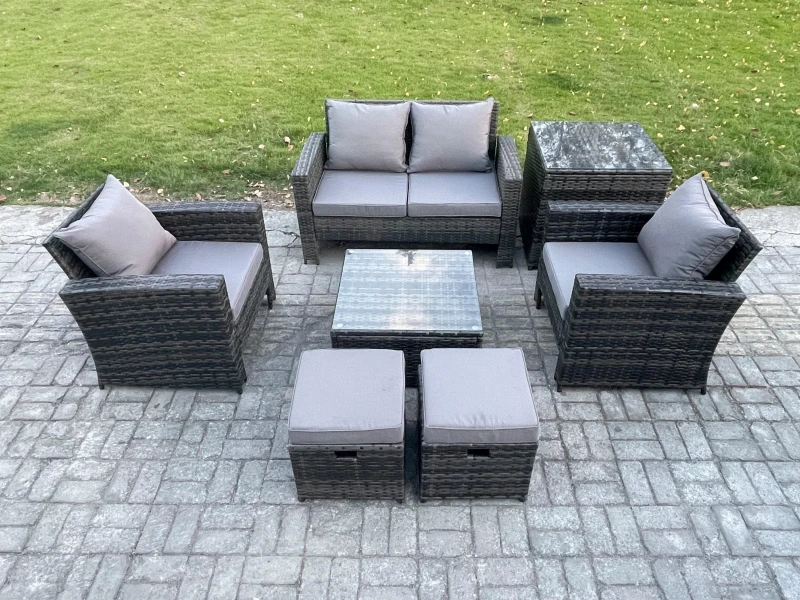Image of Fimous Outdoor Lounge Sofa Set Wicker PE Rattan Garden Furniture Set with Armchair Square Coffee Table Double Seat Sofa Side Table in Dark Grey Dark G