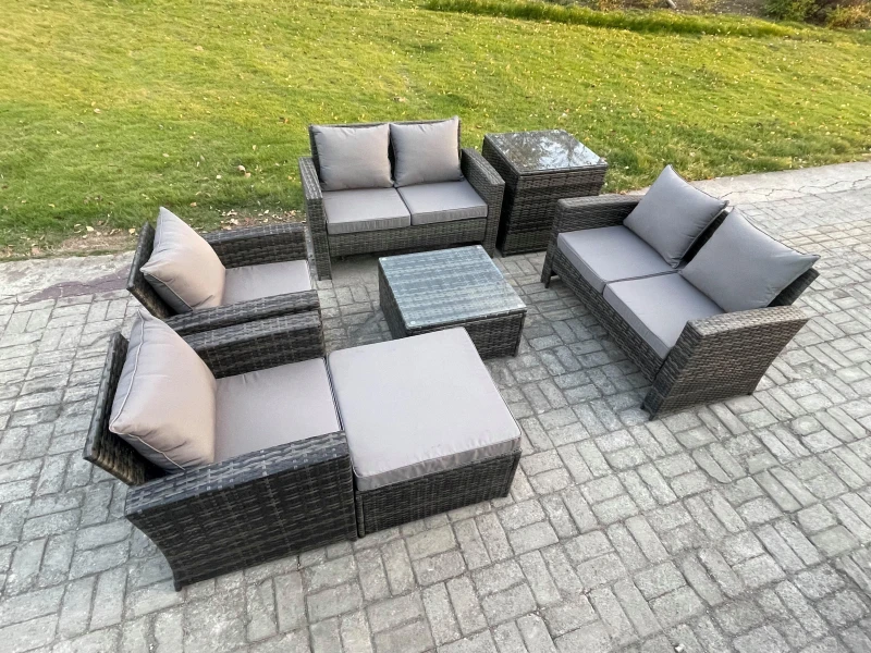 Image of Fimous Rattan Garden Furniture Set 7 Seater Patio Outdoor Lounge Sofa Set with Square Coffee Table Double Seat Sofa Side Table in Dark Grey Dark Grey