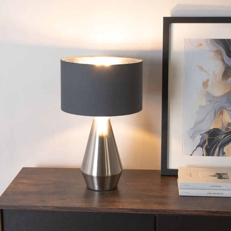 Image of ValueLights Jax Chrome Dimmable Touch Table Lamp with Fabric Drum & Chrome Lamp Shade & Bulb in Charcoal Charcoal Unisex
