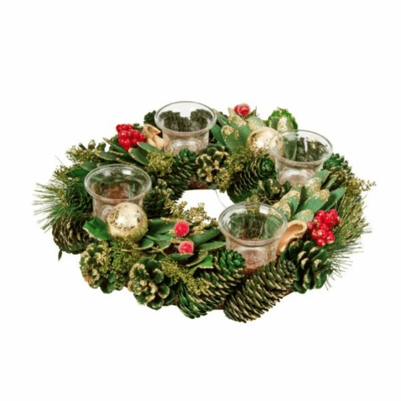 Image of 33cm Christmas Bauble Quartet Candle Holder with Pinecones and Red Berries