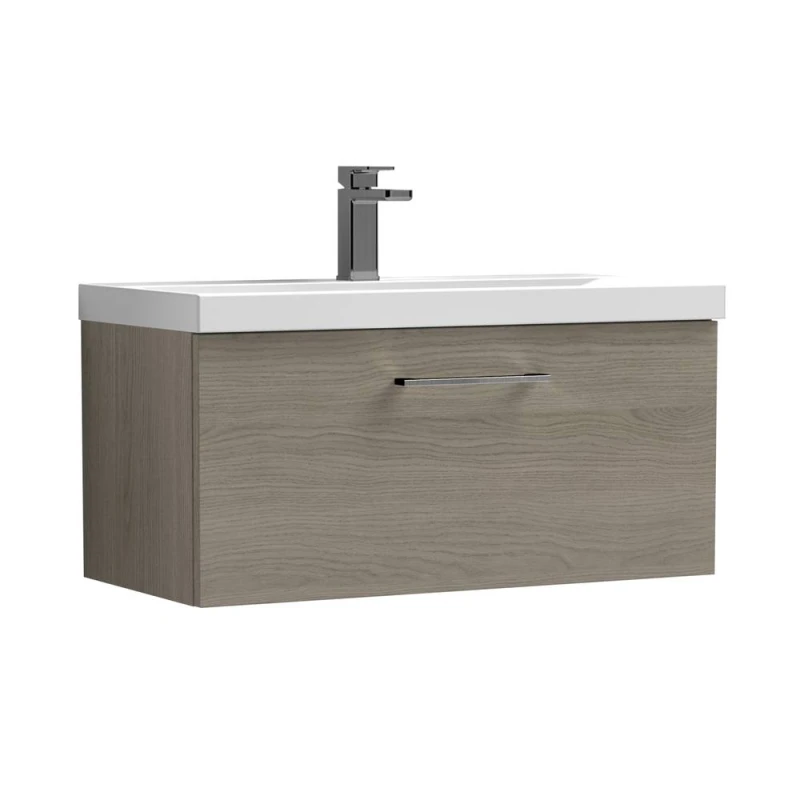 Image of Balterley 800mm Wall Hung 1 Drawer Vanity Basin Unit, Mid Oak, Pewter Handle in Brown Brown Unisex