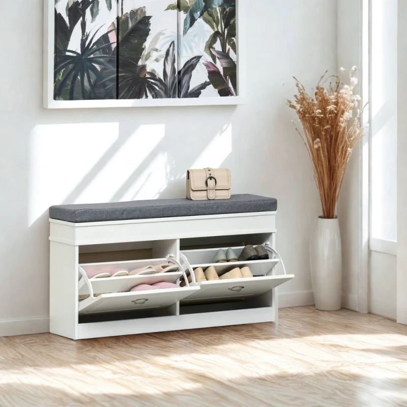 Image of Pirlo Plush Modern Shoe Storage Bench With Cushioned Seat & Storage Drawers in White White Unisex