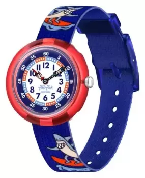 Image of Flik Flak FBNP211 Yeeew Red and Blue Shark Design Fabric Watch