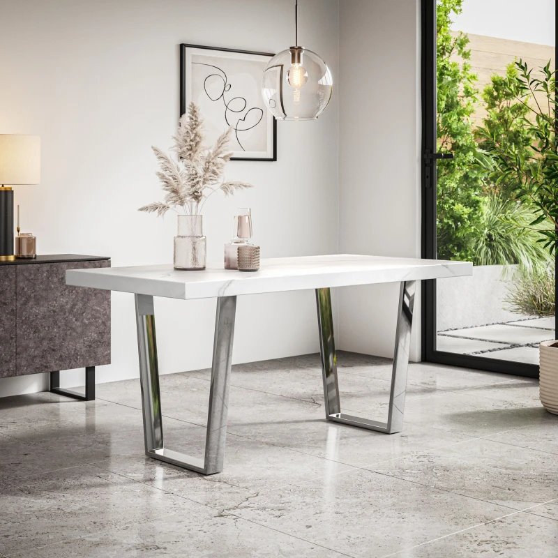 Image of More4Homes Aria 4-6 Seater Dining Table Modern White Marble Effect Table Top W Chrome Legs