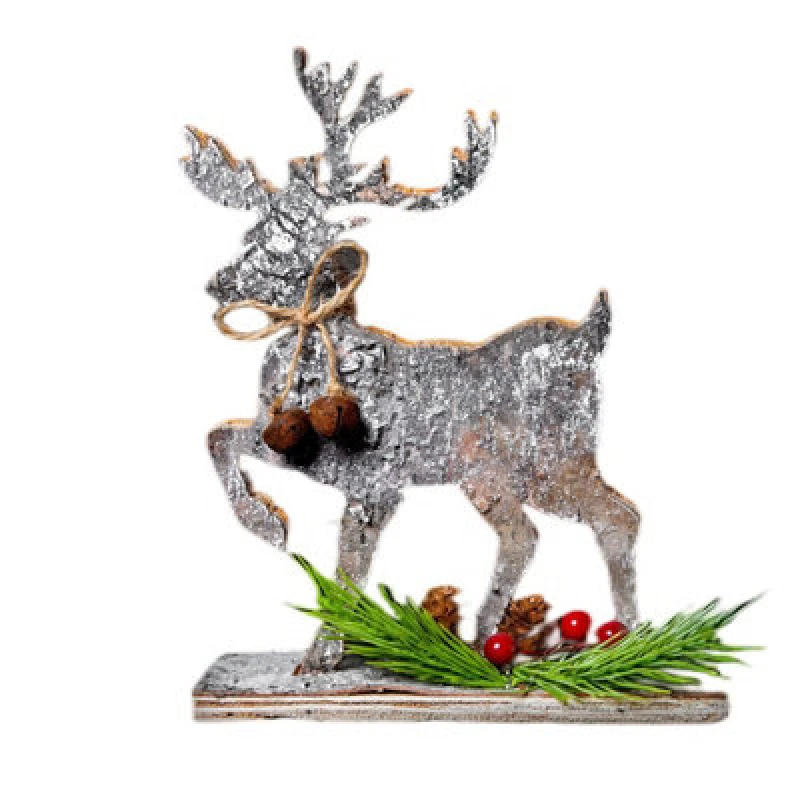 Image of Shatchi 20cm Reindeer Shape Birch Bark Wooden Christmas Table Top Decoration Silver