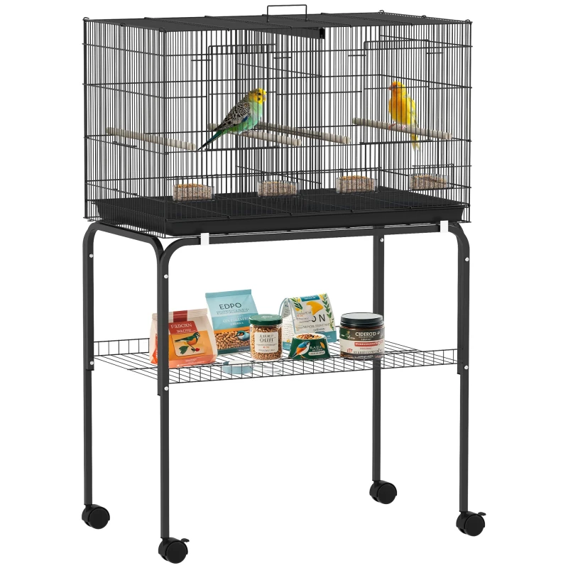 Image of PawHut Bird Cage with Divider, 4 Wooden Perches, Slide Out Tray, Black D10-106V01BK