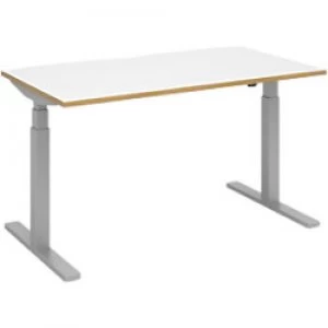 Image of Elev8 Rectangular Sit Stand Single Desk with White & Oak Coloured Melamine Top and Silver Frame 2 Legs Touch 1400 x 800 x 675 - 1300 mm